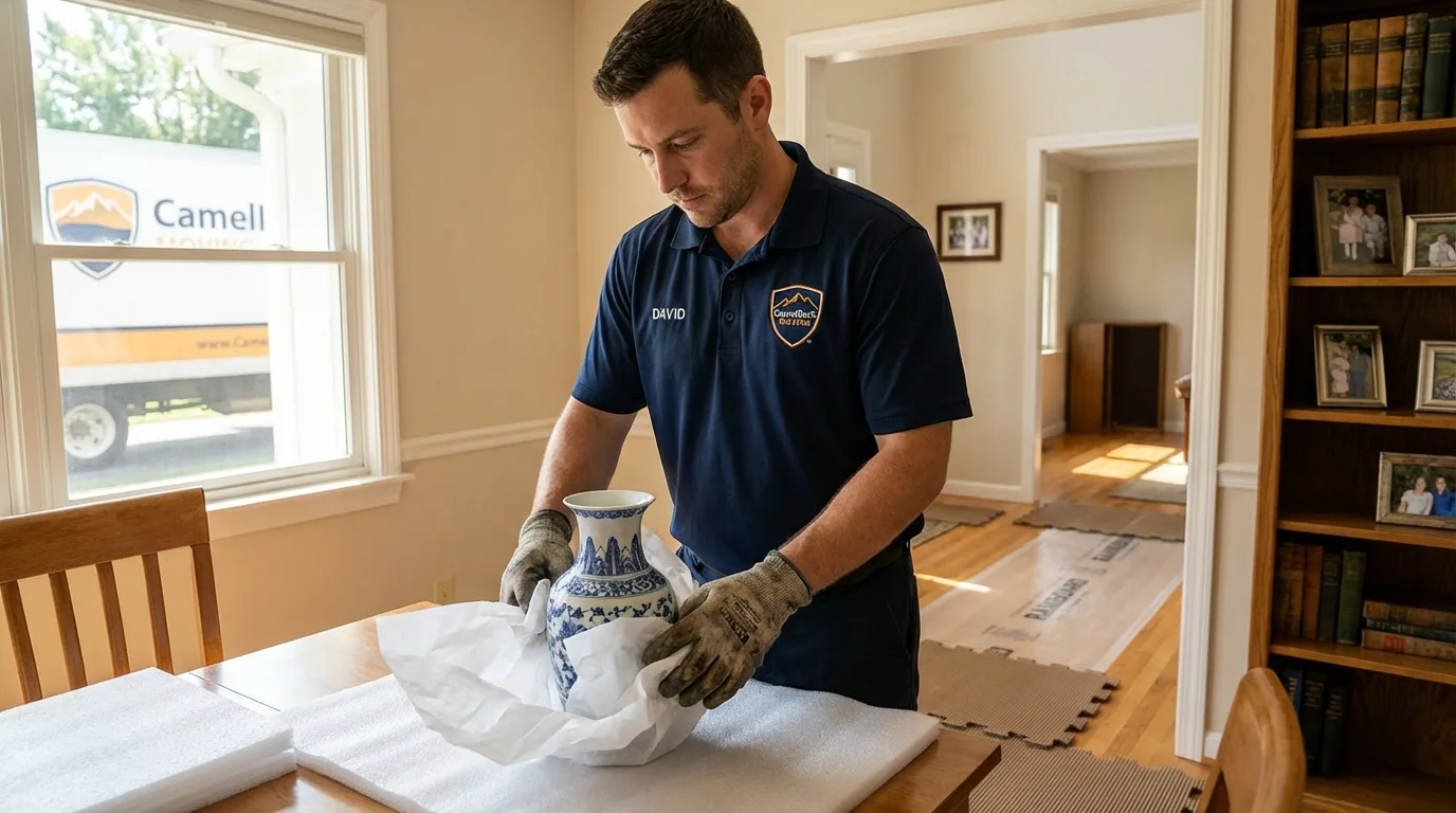 Professional crew carefully wrapping antique vase for senior downsizing move in Flatwoods, KY